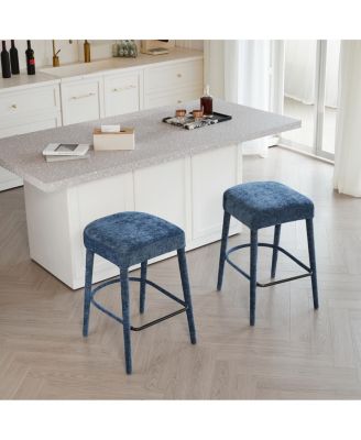 Backless Blue Upholstered Fabric Bar Stool with Padded Seat & Footrest