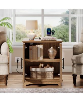 Large End Table with Charging Station & LED Light, 23.6" Square Sofa Side Table with Storage, Wooden Nightstand with Outlet