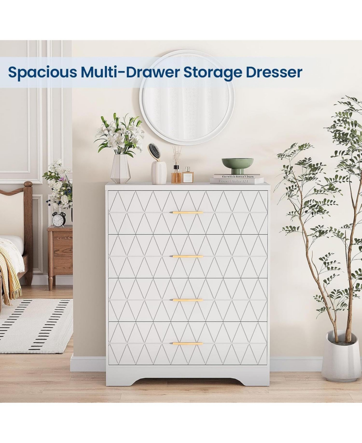 gaomon 4-Drawer Wooden Dresser for Bedroom, Tall Chest of Drawers with Gold Handles & Storage
