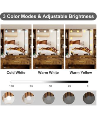 LED Lighted Vanity Desk with Mirror, Makeup Table with Adjustable Brightness and Open Shelves, Brown