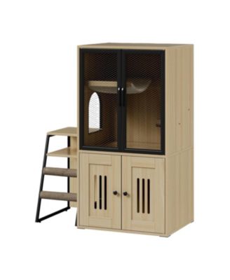 2-in-1 Cat Litter Box Enclosure Furniture with Doors, Double Layer Cat House and Storage Cabinet, Beige