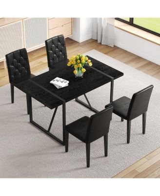 Black Faux Wood Grain MDF Dining Table Set with 4 Black PU Chairs