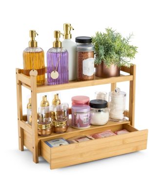 2-Tier Bamboo Counter Organizer with Drawer Bamboo for Vanity, Matcha Station, Bathroom Sink Organizer Countertop, Kitchen & Office Storage