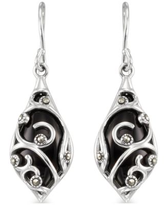 Marcasite (0.06 ct. t.w.) and Onyx (2-1/2 ct. t.w.) Dangle Earrings in Sterling Silver