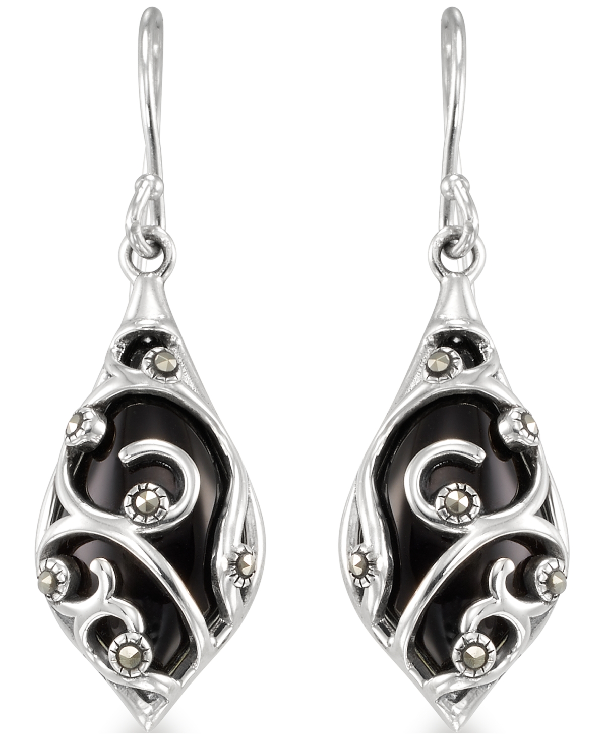 Macy's Marcasite (0.06 ct. t.w.) and Onyx (2-1/2 ct. t.w.) Dangle Earrings in Sterling Silver