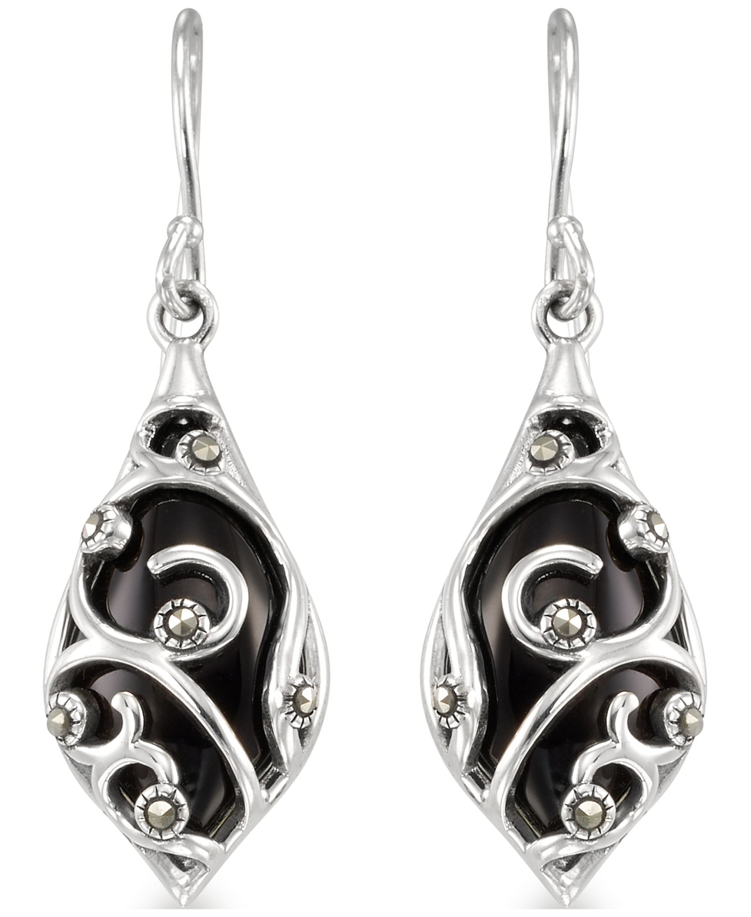 Marcasite (0.06 ct. t.w.) and Onyx (2-1/2 ct. t.w.) Dangle Earrings in Sterling Silver