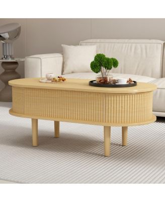 Fluted Lift Top Coffee Table with Hidden Compartment, Modern Oval Lift Tabletop