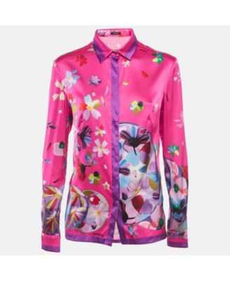 Women's Pink Floral Print Satin Long Sleeve Shirt