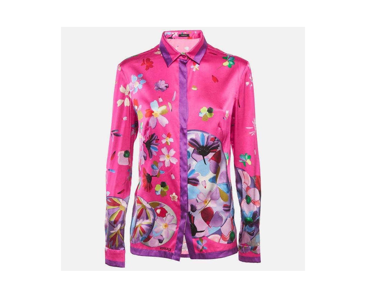 Pre-Owned Versace Women's Pink Floral Print Satin Long Sleeve Shirt