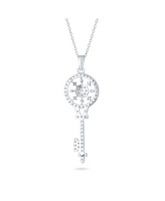  Victorian Style Pave Cubic Zirconia CZ Sunburst Key Pendant Necklace .925 Sterling Silver