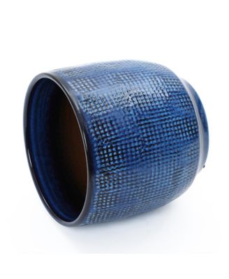 12-Inch Round Ceramic Planter, Deep Blue Glaze with Basket Texture