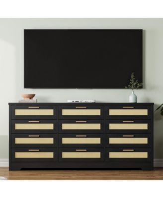12 Drawer Dresser for Bedroom, Modern Farmhouse Rattan Chest of Drawers, Wood Dresser for Closet, Living Room, Entryway, and Hallway