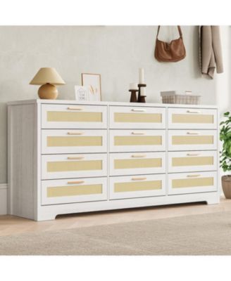 12 Drawer Dresser for Bedroom, Modern Farmhouse Rattan Chest of Drawers, Wood Dresser for Closet, Living Room, Entryway, and Hallway