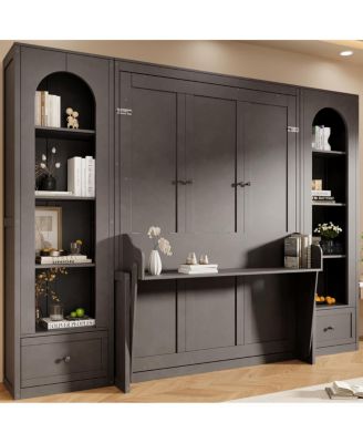 Queen Size Murphy Platform Bed with Shelf, Side Cabinets, Drawers and LED