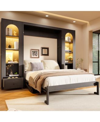 Queen Size Murphy Platform Bed with Shelf, Side Cabinets, Drawers and LED