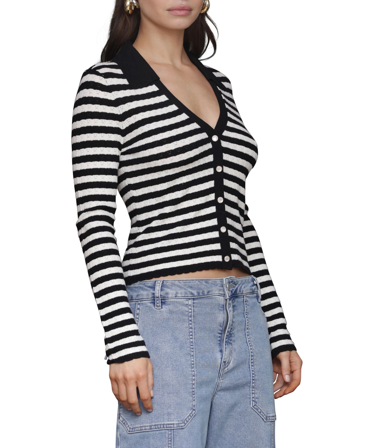 Women's Stripe Polo Long-Sleeve Cardigan Sweater
