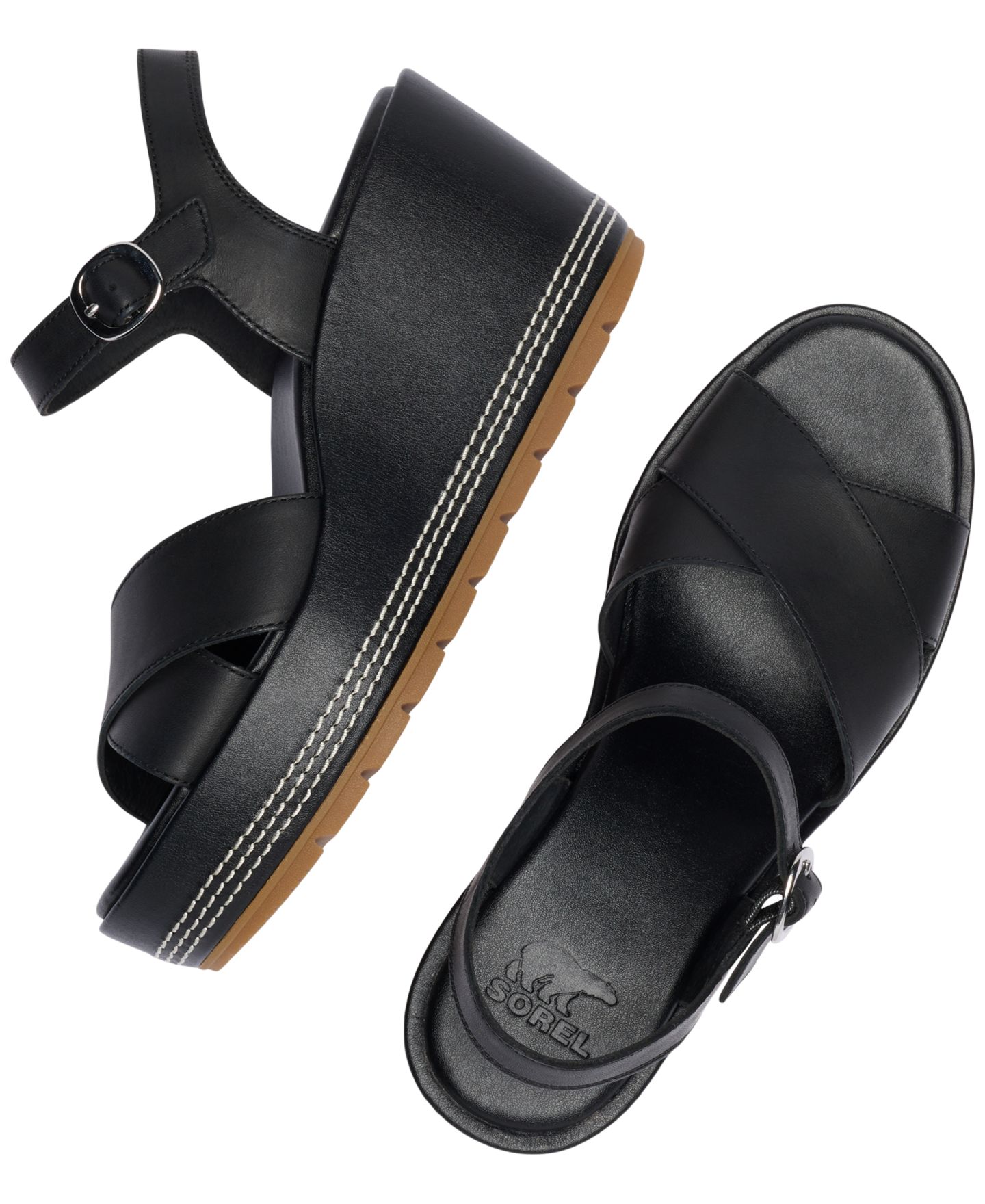 Женские сандалии Sorel Sunpeak Wedge Heel Ankle-Strap, цвет: Чёрный / Карамельный — фото 9