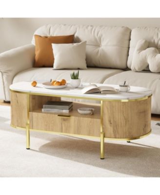 48" Oval Coffee Table with Fluted Design & Faux Marble Top, Modern Luxury Center Table with Drawers for Living Room