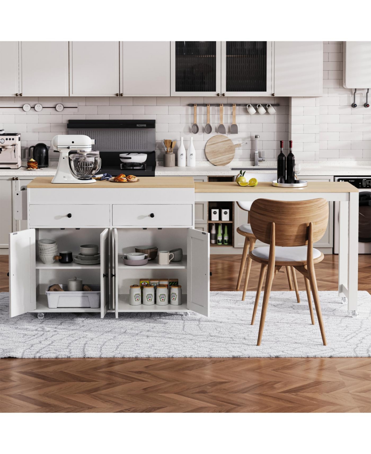 Streamdale Furniture 74.5" Extendable Dining Table Kitchen Island Cart with Wheels, White