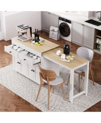 74.5" Extendable Dining Table Kitchen Island Cart with Wheels, White