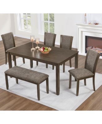 6-Piece Farmhouse Rustic Dining Table Set with Bench and Chairs, Dark Walnut