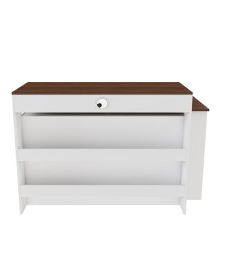  Kitchen Island with Extendable Rotating Table, Walnut Veneer, 4 Drawers, Glass Cabinets