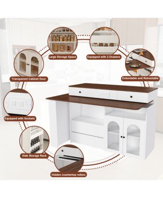  Kitchen Island with Extendable Rotating Table, Walnut Veneer, 4 Drawers, Glass Cabinets