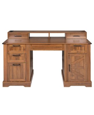  59" Farmhouse Office Desk with Charging Station & Storage Cabinet, Barn Door Design