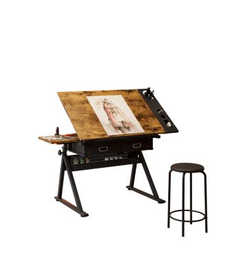 Adjustable Drawing Drafting Table Desk with 2 Drawers & Stool