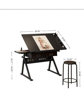  Adjustable Drawing Drafting Table Desk with 2 Drawers & Stool (Black)