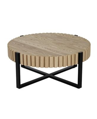 Round Handcraft Drum Coffee Table with Gear Design & Cross Metal Base, 31.5" Modern Compact Table