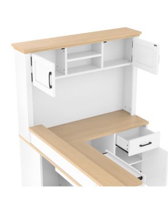 L-Shaped Computer Desk with Outlet, Drawers, Bookshelf, White