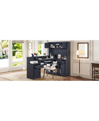 L-Shaped Computer Desk with Outlet, Drawers, Bookshelf, Blue