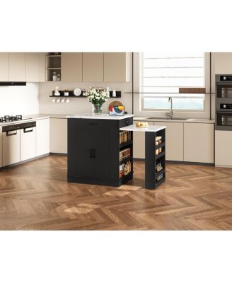 Extendable island console with drawers, cabinet, shelving, dining table, breakfast bar