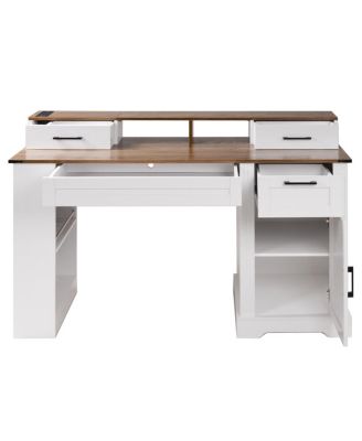 55" Farmhouse Office Desk with Storage, Barn Door Design, Keyboard Tray, Monitor Stand, White