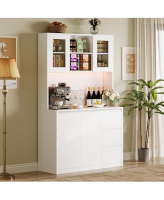 Kitchen Pantry Cabinet with Charging Station, Tall Storage Cabinet with Countertop, Drawers and Glass Doors