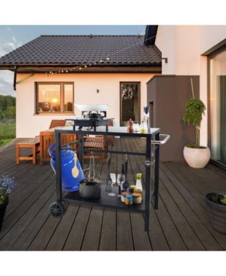 Outdoor Grill Dining Cart, Double Shelf, Iron Top, 2 Wheels, Carry Handle, Food Prep Table