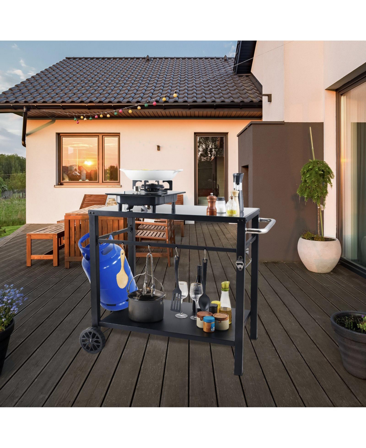 Volenca Outdoor Grill Dining Cart, Double Shelf, Iron Top, 2 Wheels, Carry Handle, Food Prep Table