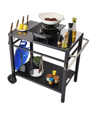 Outdoor Grill Dining Cart, Double Shelf, Iron Top, 2 Wheels, Carry Handle, Food Prep Table