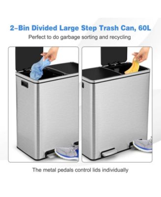 Recycling Trash Can with 2 Pedals and Compartments, 16-Gallon Total Capacity