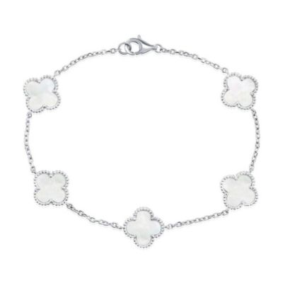 Sterling Silver, Mother of Pearl Clover, Beaded Outline Bracelet