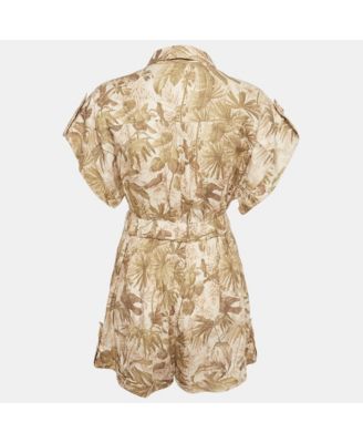 Women's Green Tropical Print Linen Playsuit