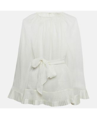 Women's White Plumetis Chiffon Pleated Hem Blouse