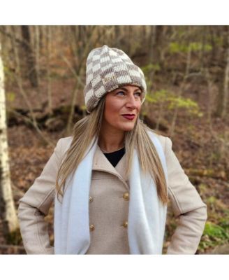 Women's Two-Tone Checkerboard Knit Beanie - Cream + Brown