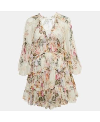 Women's Beige Floral Print Silk Tiered Mini Dress