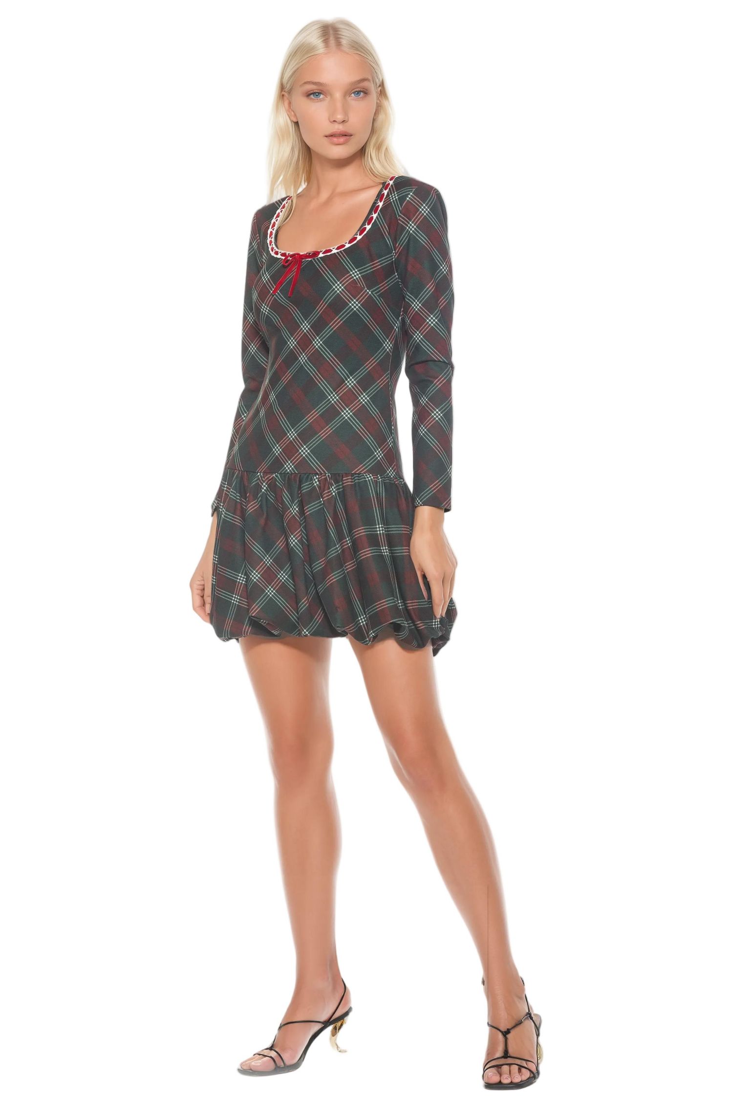 Women's Rach Plaid Scoop Neck Lace Insert Detail With Bow Dress