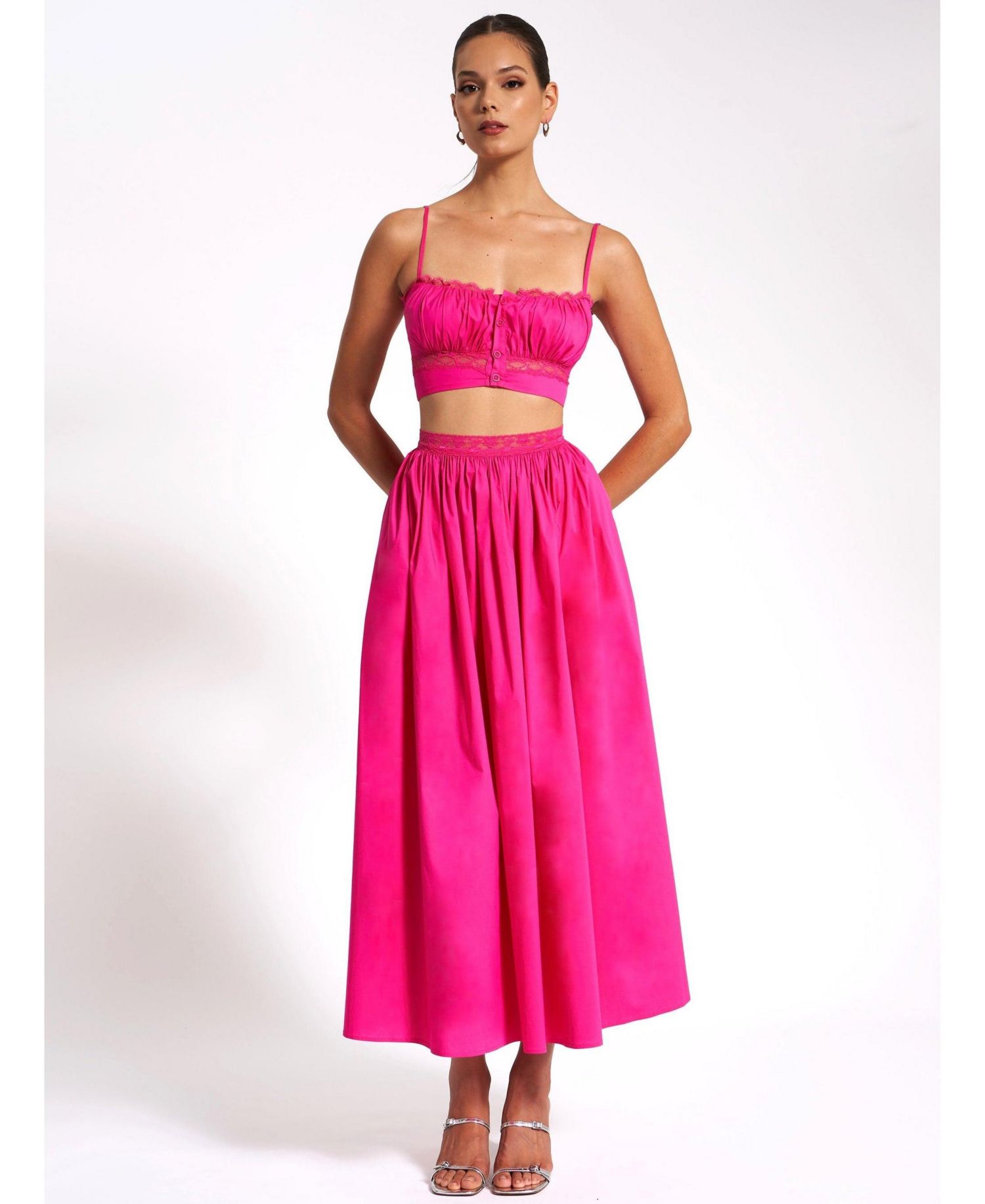 Women's Martha Fuchsia Cotton Poplin Maxi Skirt With Lace Trim