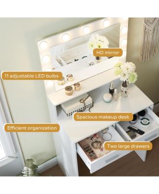 Vanity Desk with Mirror, Lights, Drawer & 2-Level Storage