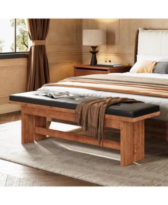 Solid Wood Bench with Cushion, 55" Upholstered Entryway Bench, Button-Tufted Shoe Bench Seat