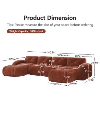 U-Shaped Boneless Sofa, Tufted, 32D Sponge, Anti-Slip, Red Brown
